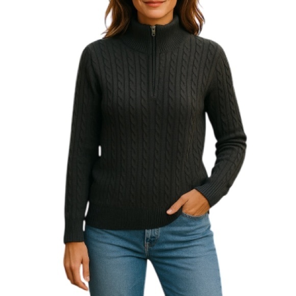 VINTAGE Polo Jeans Company Black Cable Knit Zip Sweater Long Sleeve Preppy M - Picture 1 of 10